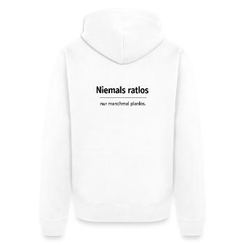 Niemals ratlos, nur planlos manchmal - Unisex Premium Bio Zip Hoodie - Weiß - Hinten - Thijin (182cm)
