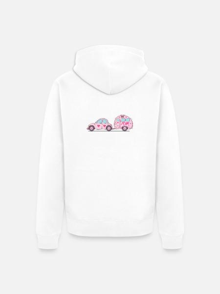 Auto mit Wohnwagen Rosa Herz - Unisex Premium Bio Zip Hoodie - Weiß