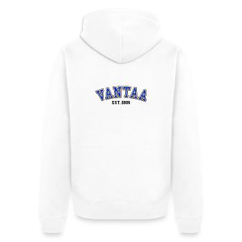 Vantaa gegründet 2006 - Unisex Premium Bio Zip Hoodie - Weiß - Hinten - Thijin (182cm)
