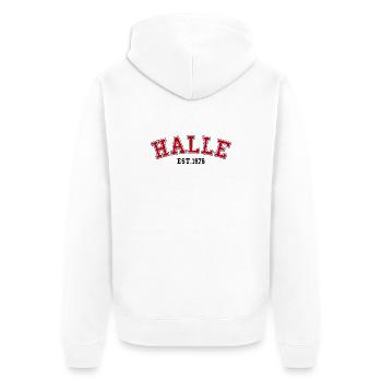 Halle fondée en 1976 - Veste à capuche bio Premium Unisexe - blanc - Dos - Thijin (182cm)