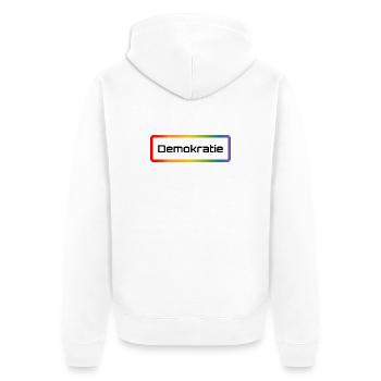Regenbogen T-Shirt mit Schriftzug Demokratie - Unisex Premium Bio Zip Hoodie - Weiß - Hinten - Thijin (182cm)