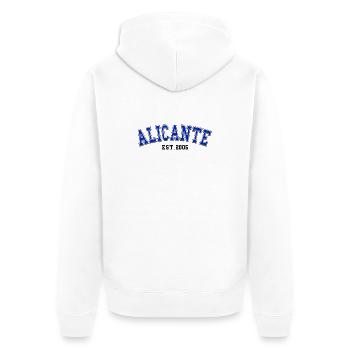 Alicante gegründet 2005 - Unisex Premium Bio Zip Hoodie - Weiß - Hinten - Thijin (182cm)