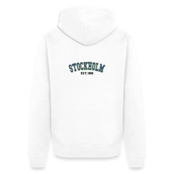 Stockholm, gegründet 1986 - Unisex Premium Bio Zip Hoodie - Weiß - Hinten - Thijin (182cm)