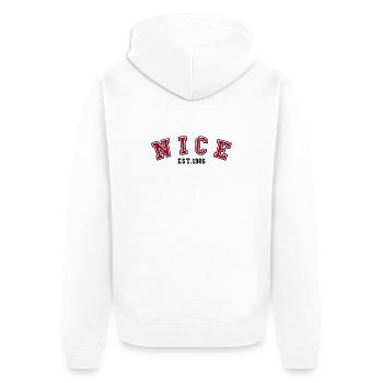 Nice, gegründet 1986 - Unisex Premium Bio Zip Hoodie - Weiß - Hinten - Thijin (182cm)