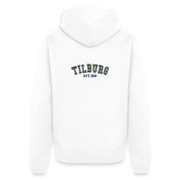 Tilburg gegründet 1986 - Unisex Premium Bio Zip Hoodie - Weiß - Hinten - Thijin (182cm)