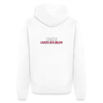 Unsere Lausitz‑Kita‑Heldin – Abschiedsgeschenk - Unisex Premium Bio Zip Hoodie - Weiß - Hinten - Thijin (182cm)