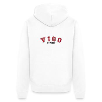 Vigo gegründet 1966 - Unisex Premium Bio Zip Hoodie - Weiß - Hinten - Thijin (182cm)