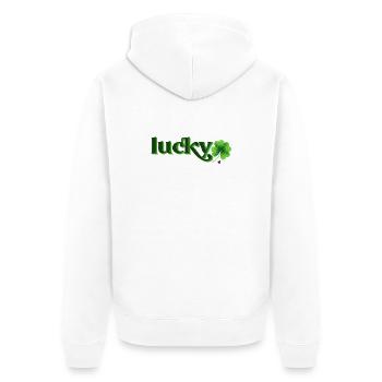 Vierblättrige Kleeblatt Abbildung mit Inschrift - Unisex Premium Bio Zip Hoodie - Weiß - Hinten - Thijin (182cm)