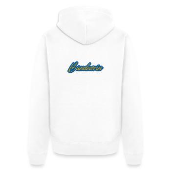 Bündnerin Schriftzug gelb-blau - Unisex Premium Bio Zip Hoodie - Weiß - Hinten - Thijin (182cm)