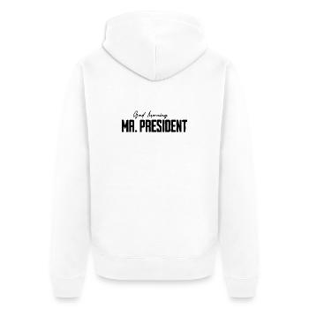 Bonjour Monsieur le Président Monsieur l’Homme des Cadeaux Drôles - Veste à capuche bio Premium Unisexe - blanc - Dos - Thijin (182cm)