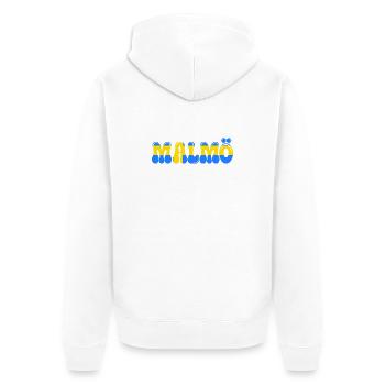 Malmö Blau-Gelb, Typo-Stadt, Schweden, - Unisex Premium Bio Zip Hoodie - Weiß - Hinten - Thijin (182cm)