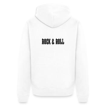 "ROCK & ROLL" SCHWARZER TEXT - Unisex Premium Bio Zip Hoodie - Weiß - Hinten - Thijin (182cm)