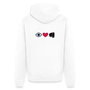 Je t’aime, Rebus | Citation visuelle de Eye Heart You - Veste à capuche bio Premium Unisexe - blanc - Dos - Thijin (182cm)