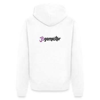 Jogameister - Typografisches OM (3-Farbig) - Unisex Premium Bio Zip Hoodie - Weiß - Hinten - Thijin (182cm)