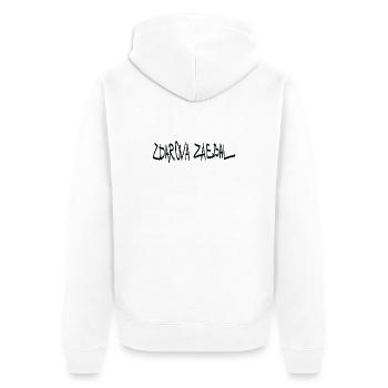 „Zdarova zaebal“ (здaрoвa заебал) ist eine Gruß - Unisex Premium Bio Zip Hoodie - Weiß - Hinten - Thijin (182cm)