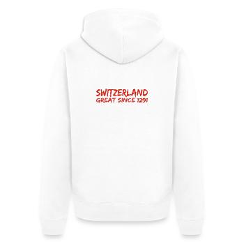 Switzerland - Great Since 1291 - Schweiz - Schwiiz - Unisex Premium Bio Zip Hoodie - Weiß - Hinten - Thijin (182cm)
