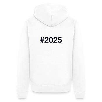 2025 Hashtag - Unisex Premium Bio Zip Hoodie - Weiß - Hinten - Thijin (182cm)