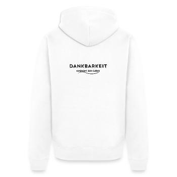 DANKBARKEIT – Reichtum des Herzens - Unisex Premium Bio Zip Hoodie - Weiß - Hinten - Thijin (182cm)