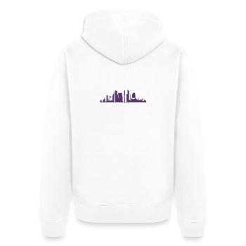 Urbane Silhouette in violetter Abstufung - Unisex Premium Bio Zip Hoodie - Weiß - Hinten - Thijin (182cm)