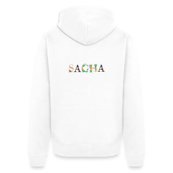 Nom SACHA Orné de Fleurs - Veste à capuche bio Premium Unisexe - blanc - Dos - Thijin (182cm)