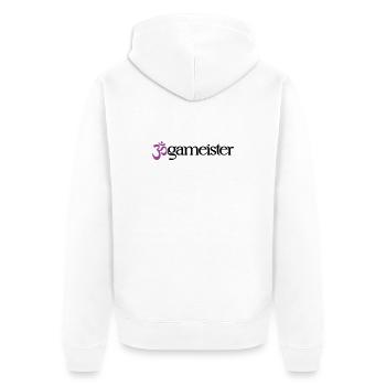 Jogameister - Typografisches OM (3-Farbig) - Unisex Premium Bio Zip Hoodie - Weiß - Hinten - Thijin (182cm)