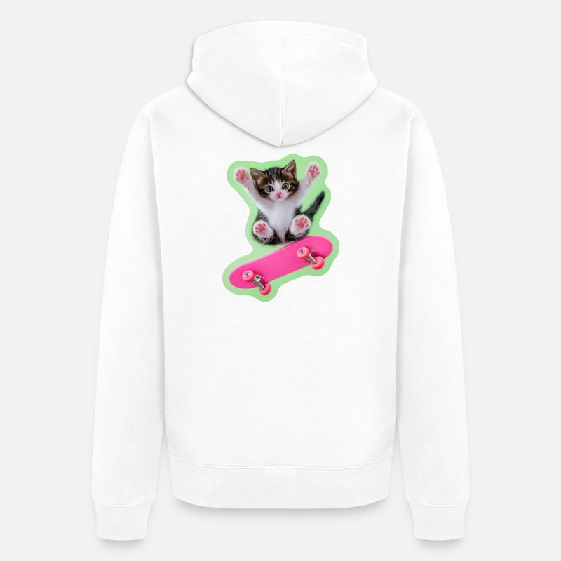 Skater Kitty avec skateboard rose - Veste à capuche bio Premium Unisexe - blanc