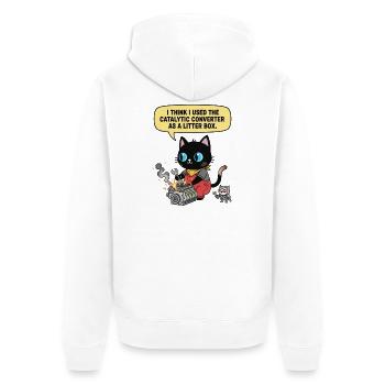 Meister Pfote am Werk. Der Kat-alysator Spezialist - Unisex Premium Bio Zip Hoodie - Weiß - Hinten - Thijin (182cm)