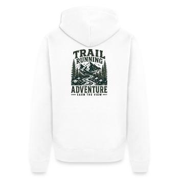 Trailrunning-Abenteuer. Verdiene dir die Sicht - Unisex Premium Bio Zip Hoodie - Weiß - Hinten - Thijin (182cm)