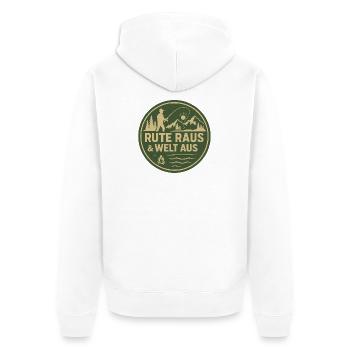 Rute Raus & Welt Aus Patch - Unisex Premium Bio Zip Hoodie - Weiß - Hinten - Thijin (182cm)