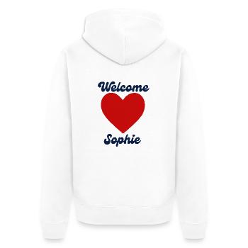 Sophie willkommen - Unisex Premium Bio Zip Hoodie - Weiß - Hinten - Thijin (182cm)