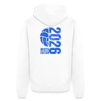 Volleyball Meister Shirt 2026, blau, Hoodie, Kappe - Unisex Premium Bio Zip Hoodie - Weiß - Hinten - Thijin (182cm)
