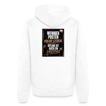 Weniger Posten Mehr Leben - Unisex Premium Bio Zip Hoodie - Weiß - Hinten - Thijin (182cm)