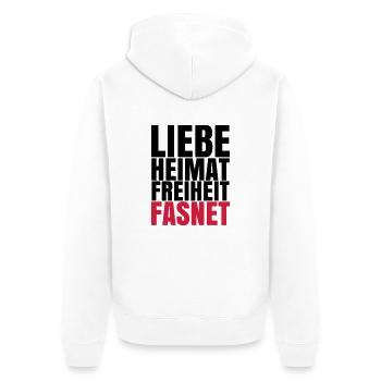 LIEBE HEIMAT FASNET - Unisex Premium Bio Zip Hoodie - Weiß - Hinten - Thijin (182cm)