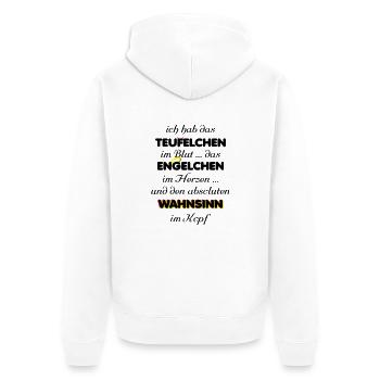 Engelchen Teufelchen Wahnsinn - Unisex Premium Bio Zip Hoodie - Weiß - Hinten - Thijin (182cm)