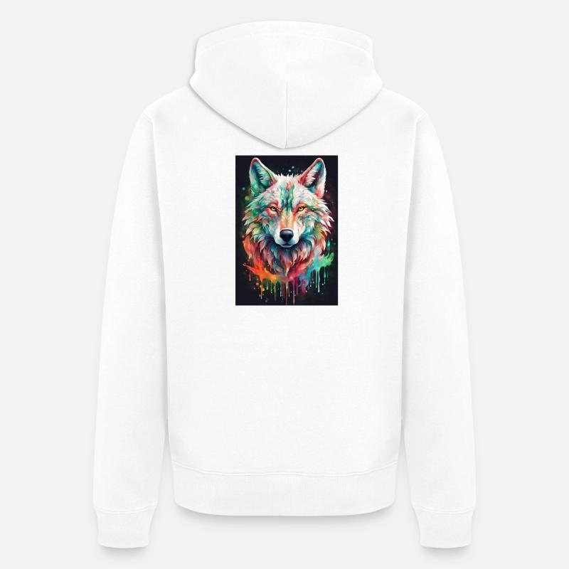 Bunter Wolfkopf Farbexplosion - Unisex Premium Bio Zip Hoodie - Weiß
