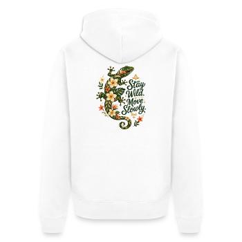 Reste déchaîné. Bougez lentement. – Gecko tropical de Bali | FL - Veste à capuche bio Premium Unisexe - blanc - Dos - Thijin (182cm)
