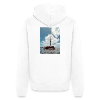 Katamaran über das Wasser segeln - Unisex Premium Bio Zip Hoodie - Weiß - Hinten - Thijin (182cm)