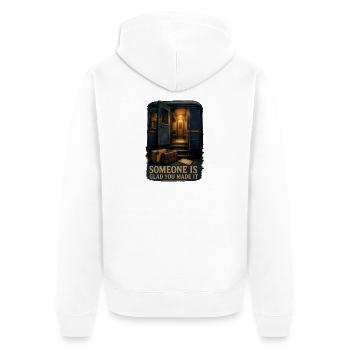 Jemand freut sich, dass du es geschafft hast - Unisex Premium Bio Zip Hoodie - Weiß - Hinten - Thijin (182cm)