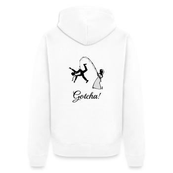 Gotcha! (Braut Angelt Ehemann / JGA) - Unisex Premium Bio Zip Hoodie - Weiß - Hinten - Thijin (182cm)