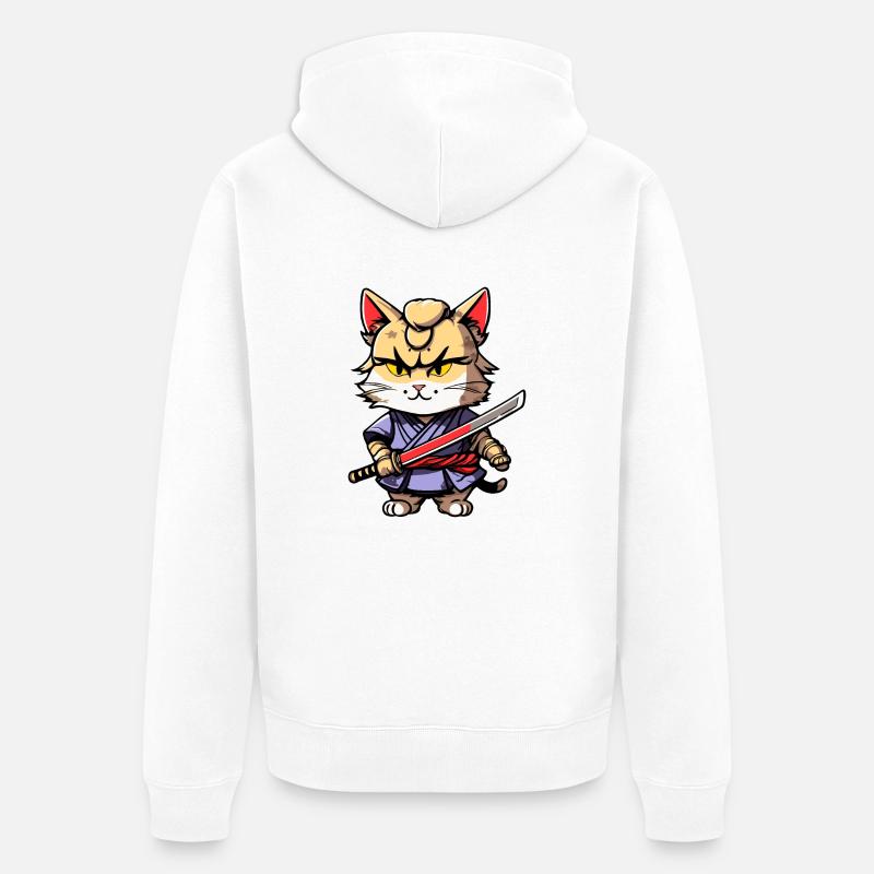Chat samouraï #31 - Veste à capuche bio Premium Unisexe - blanc