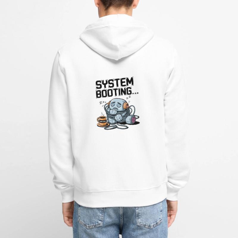 Sleepy Robot Booting with Java.exe Coffee – Funny Unisex Premium Organic Zip Hoodie