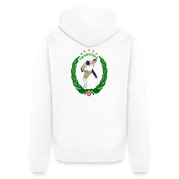 Schwinger Schweizer Nationalsport  Tradition - Unisex Premium Bio Zip Hoodie - Weiß - Hinten - Thijin (182cm)