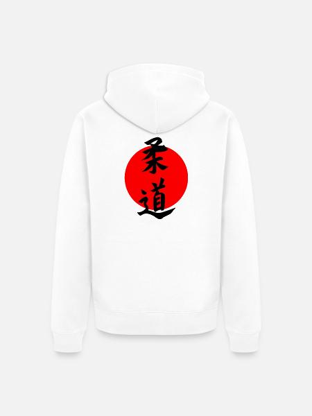 Judo i japansk kanji-skrift med rød sol - Premium økologisk unisex-hættejakke - hvid