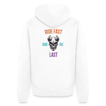Fahren Sie schnell und sterben Sie zuletzt - Unisex Premium Bio Zip Hoodie - Weiß - Hinten - Thijin (182cm)