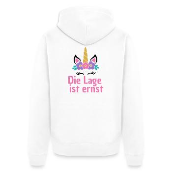 LAGE IST ERNST, COOLES EINHORN! LUSTIGER SPRUCH - Unisex Premium Bio Zip Hoodie - Weiß - Hinten - Thijin (182cm)