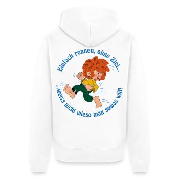 Pumuckl Mit Spruch Einfach Rennen, Ohne Ziel… - Unisex Premium Bio Zip Hoodie - Weiß - Hinten - Thijin (182cm)