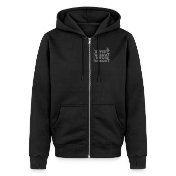 After Workout is before - Unisex Premium Organic Zip Hoodie - black - Front - Nico (187cm) & Julia (174cm)