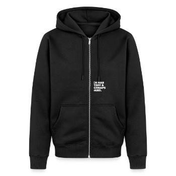 stoff & schnaps - Unisex Premium Bio Zip Hoodie - Schwarz - Vorne - Nico (187cm) & Julia (174cm)