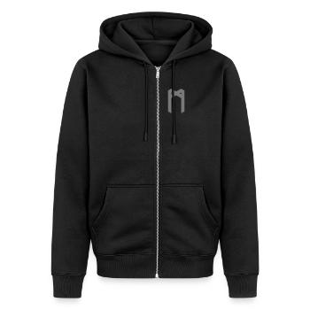 Rune: Mannaz ᛗ (M), Quantum Runes Futhark 0 © - Unisex Premium Bio Zip Hoodie - Schwarz - Vorne - Nico (187cm) & Julia (174cm)