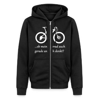 ...ob mein Bike auch gerade an mich denkt? - Unisex Premium Bio Zip Hoodie - Schwarz - Vorne - Nico (187cm) & Julia (174cm)